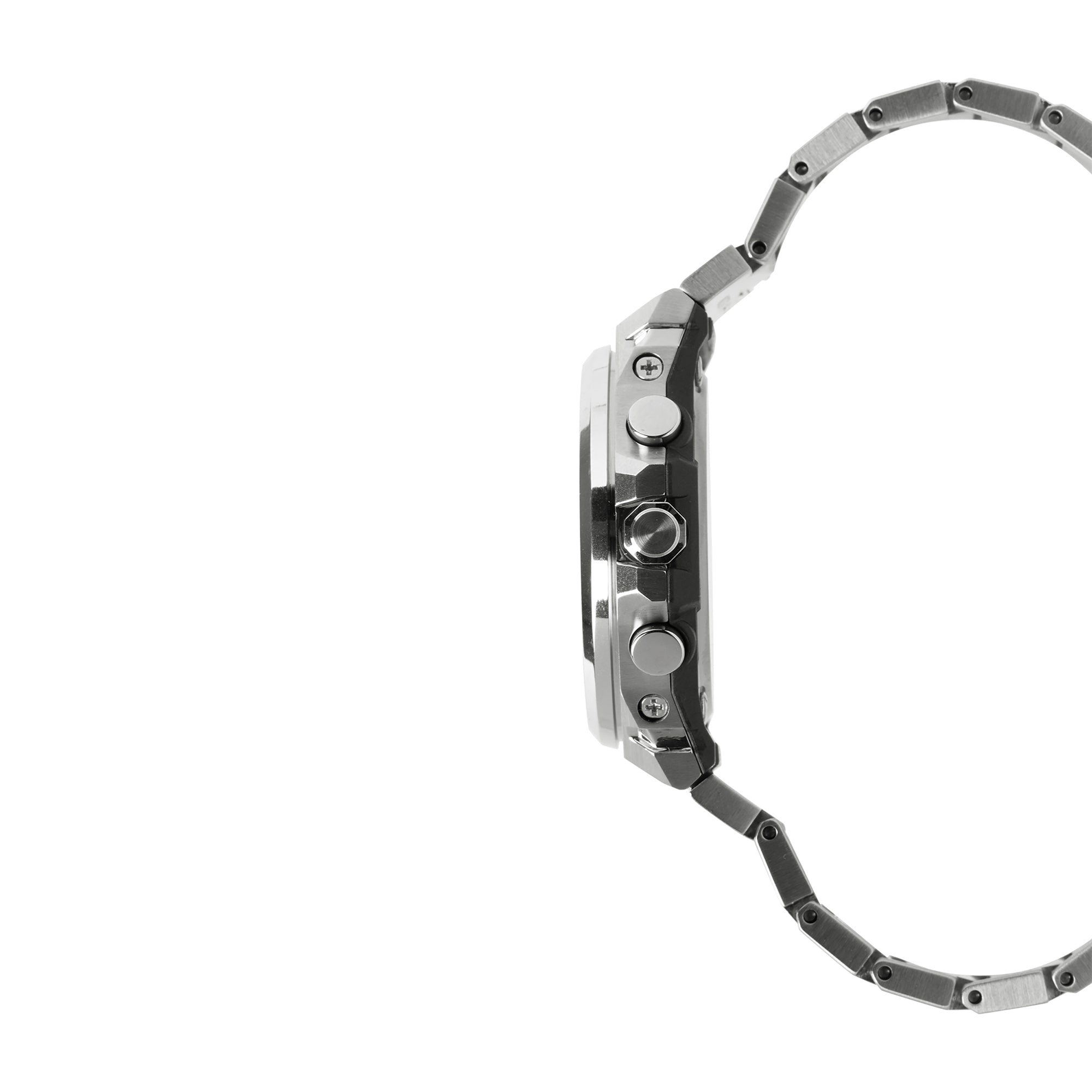 Silver and black stainless steel digital watch with metal band and multiple pushbuttons on side case.