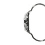 Silver and black stainless steel digital watch with metal band and multiple pushbuttons on side case.
