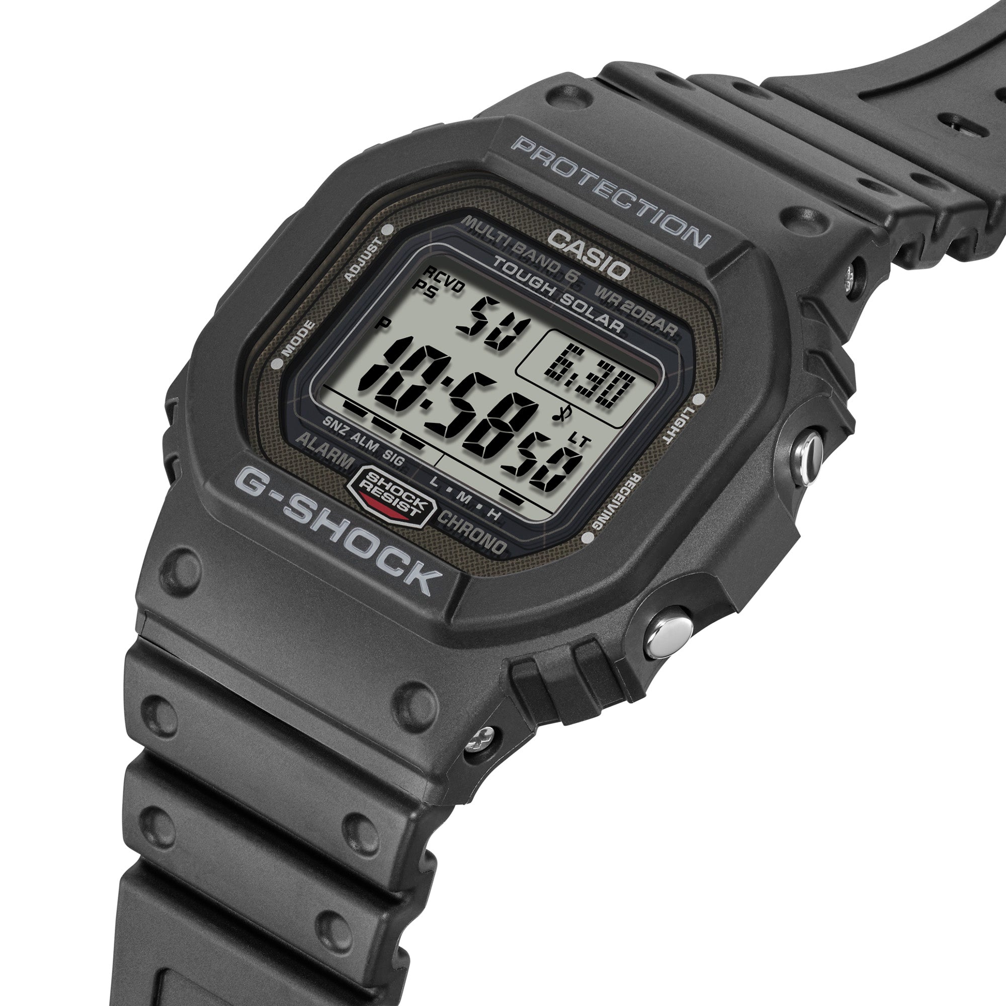 G-Shock digital watch with black resin band and square face displaying time, date, and solar power indicator.