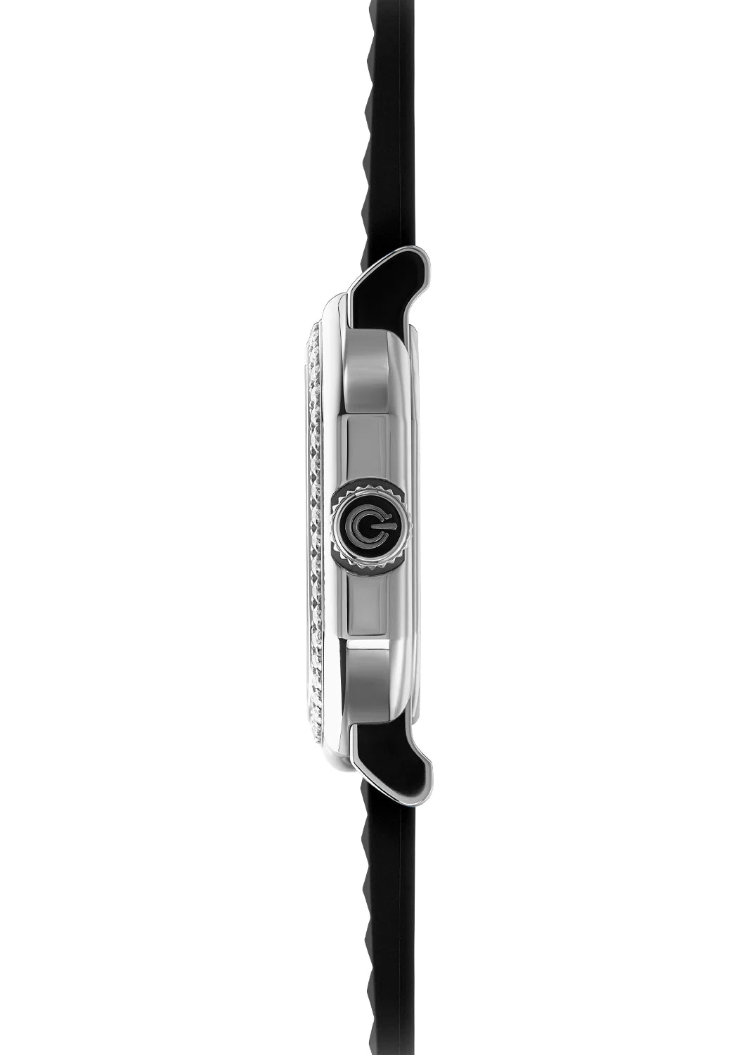 Close-up of a watch with a black strap and silver case on a white background