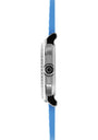 Watch with blue strap and silver case on a white background