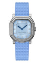 Watch with blue strap and diamond-studded face on a white background