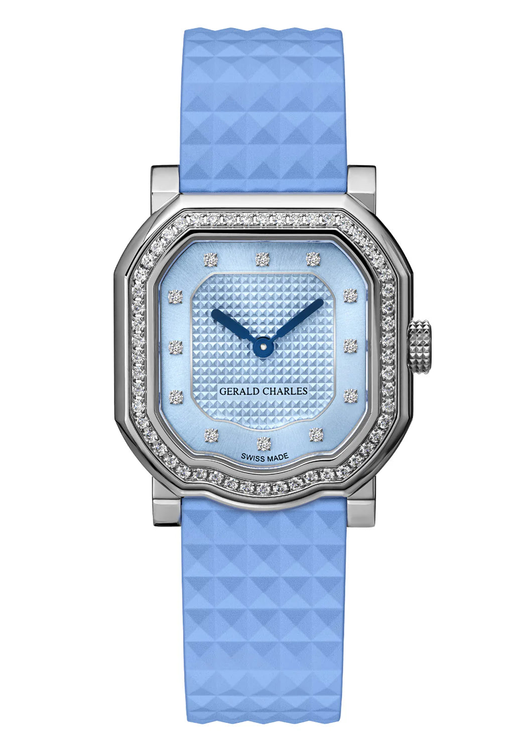 Watch with blue strap and diamond-studded face on a white background