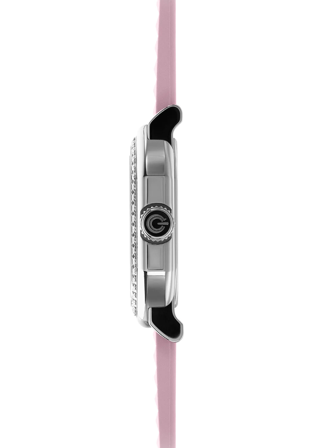 Watch with pink strap and silver case on a white background