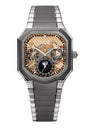 Silver watch with intricate face on a white background
