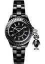The Chanel Mademoiselle J12 Acte II is a black ceramic watch with a glossy band, silver-edged bezel, diamond accents, and a small metallic charm shaped like a person in a hat and coat attached to the side.