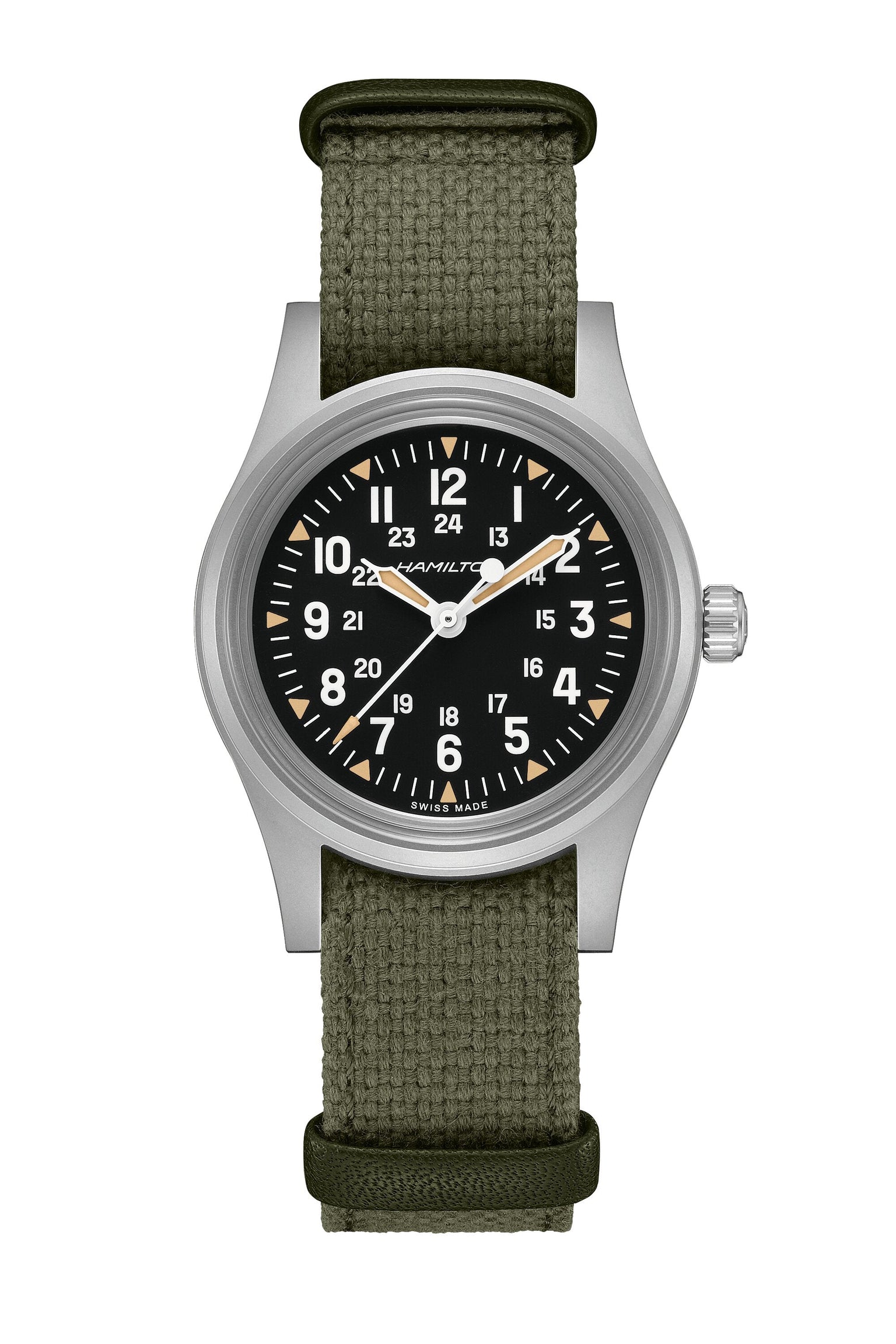 Watch with green strap and black dial on a white background