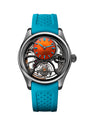 The H. Moser & Cie Pioneer Cylindrical Tourbillon Skeleton Spiced Aqua features a skeleton design with an orange dial, blue hands, blue strap, and visible mechanical inner workings.