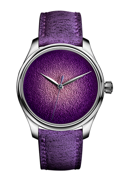 Silver-toned watch with purple enamel dial and matching purple leather strap.