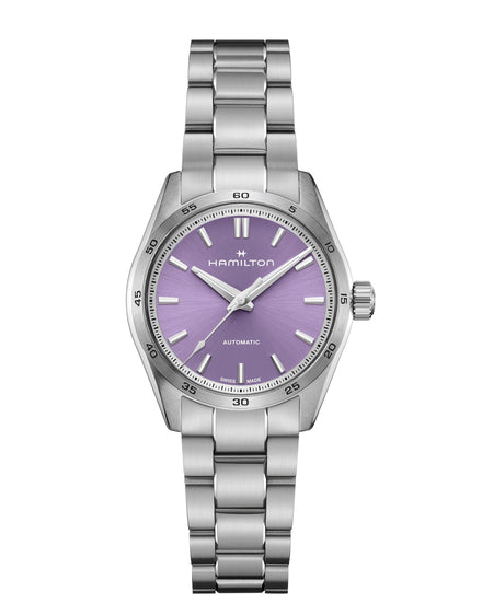 A stainless steel Hamilton wristwatch with a lavender dial and silver hour markers.