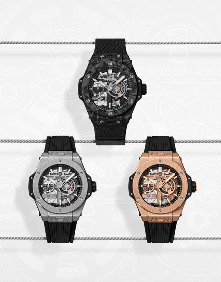 Three luxury skeleton watches in black, silver, and rose gold displayed in two rows on a white background.