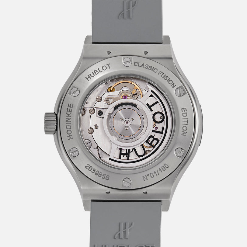 Back view of the Hublot Classic Fusion Titanium Limited Edition For Hodinkee, showcasing its exposed automatic movement and engraved details—a striking example of Hublot craftsmanship and collaboration.