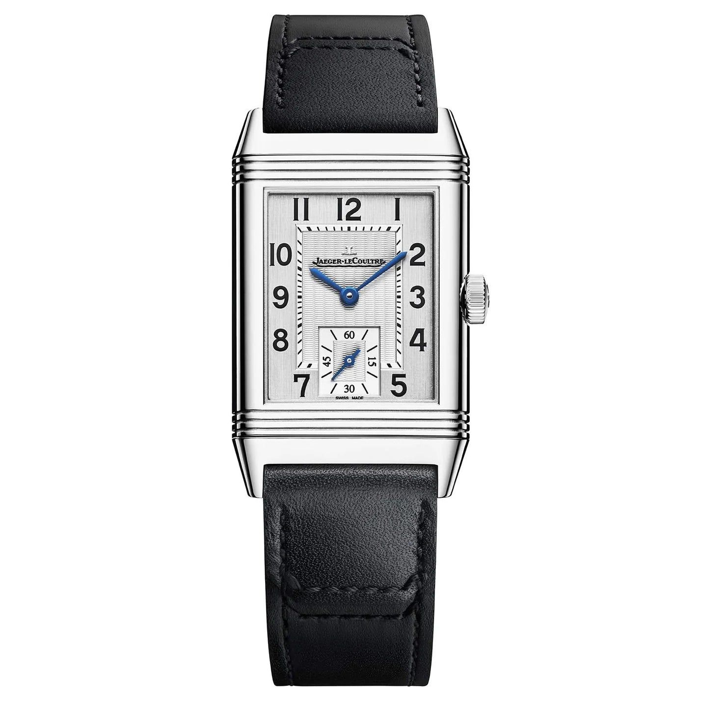 The Jaeger-LeCoultre Reverso Classic Monoface Small Seconds is a rectangular luxury wristwatch with a silver dial, blue hands, black Arabic numerals, small seconds subdial, and a black calfskin strap. Brand logo adorns the dial.