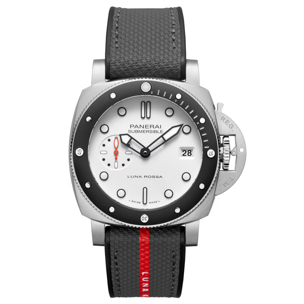 The Panerai Submersible Luna Rossa is an automatic watch featuring a white dial, black bezel, date display, 3-day power reserve, black strap with red stripe, P.900 calibre, and signature crown guard on a plain white background.