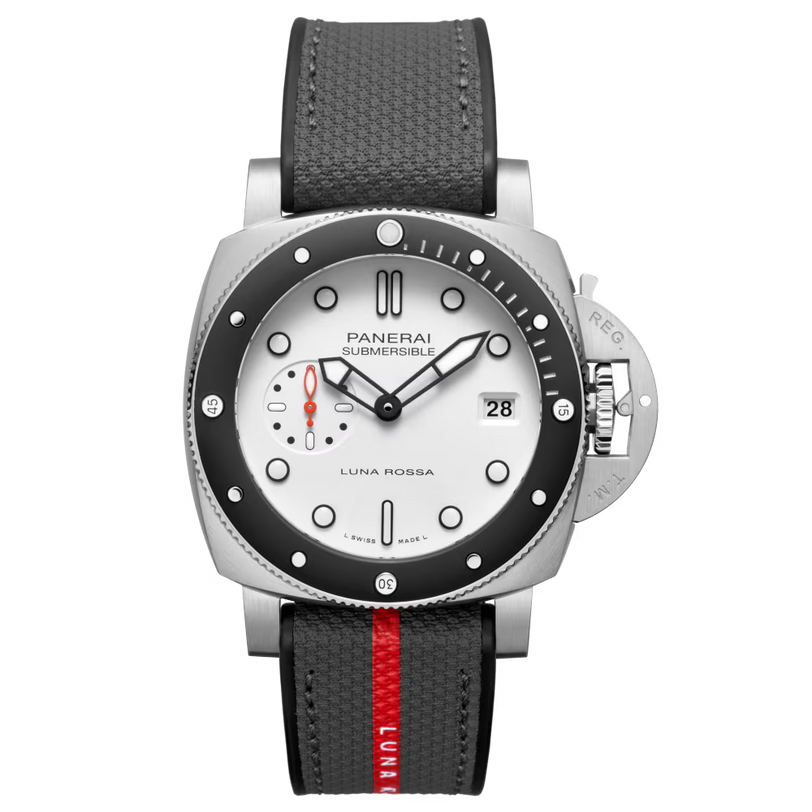 The Panerai Submersible Luna Rossa is an automatic watch featuring a white dial, black bezel, date display, 3-day power reserve, black strap with red stripe, P.900 calibre, and signature crown guard on a plain white background.