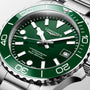 Longines watch with green dial and silver case on a white background