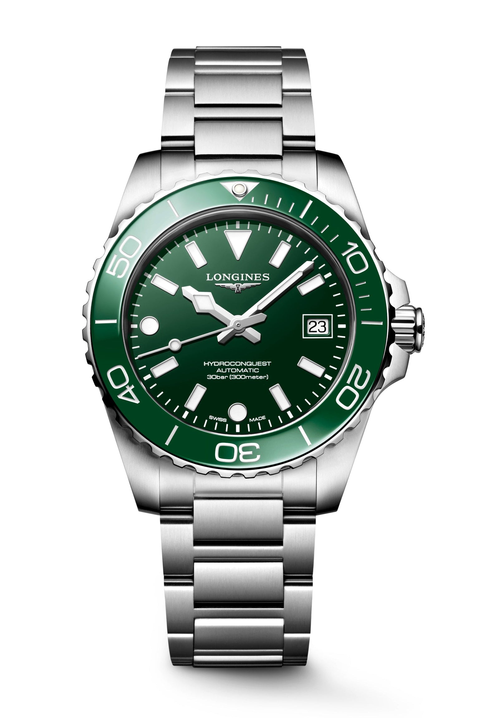 Longines watch with green dial and silver metal bracelet on a white background