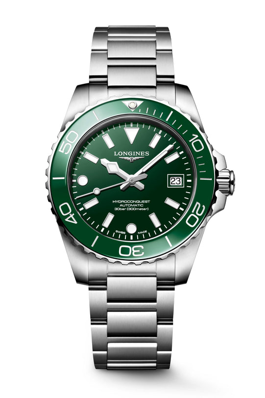Longines watch with green dial and silver metal bracelet on a white background