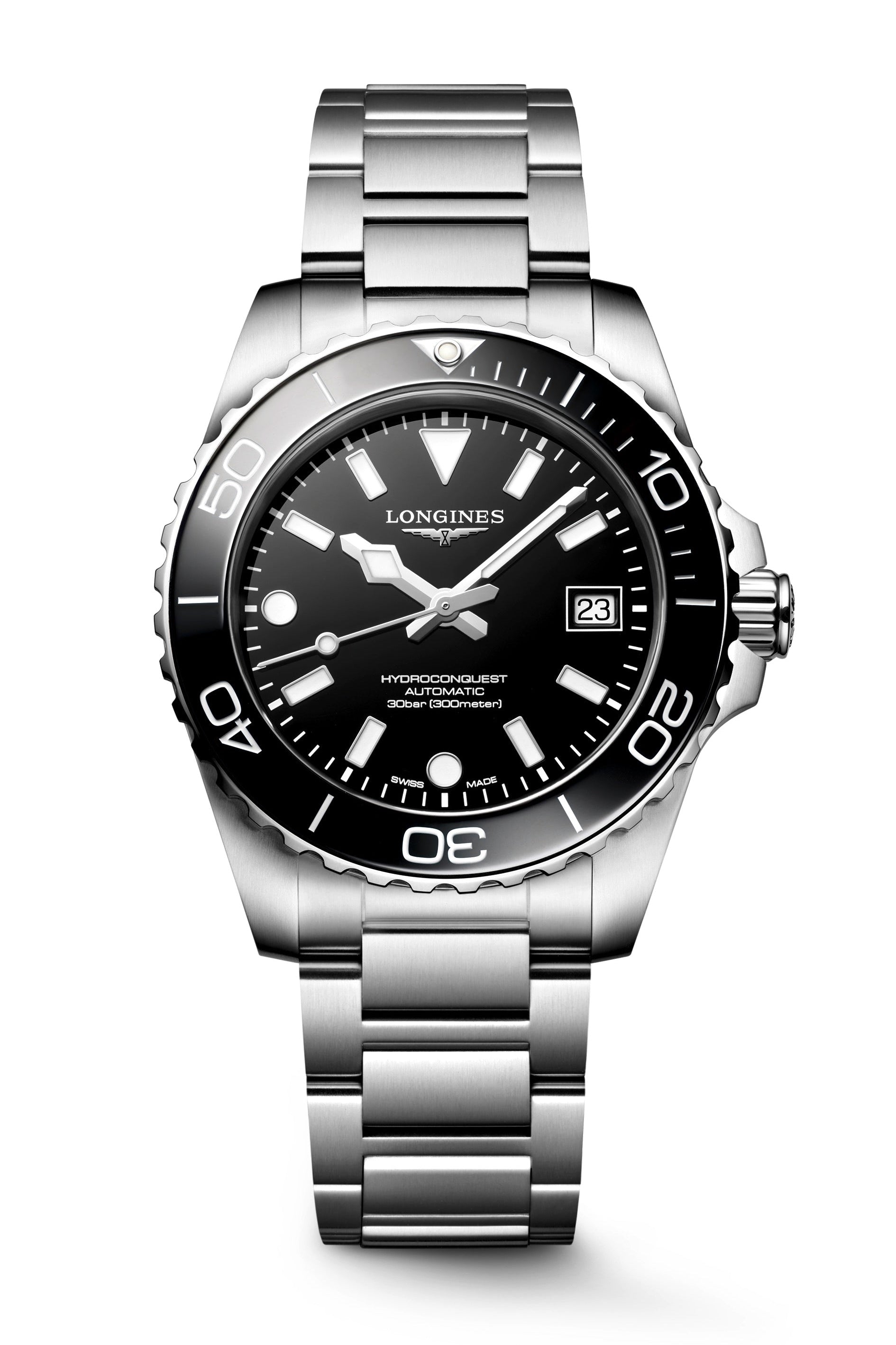 Silver watch with black dial on a white background
