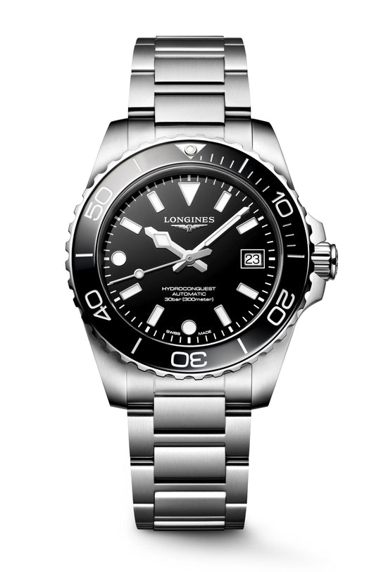 Silver watch with black dial on a white background