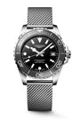 Silver watch with black dial on a white background