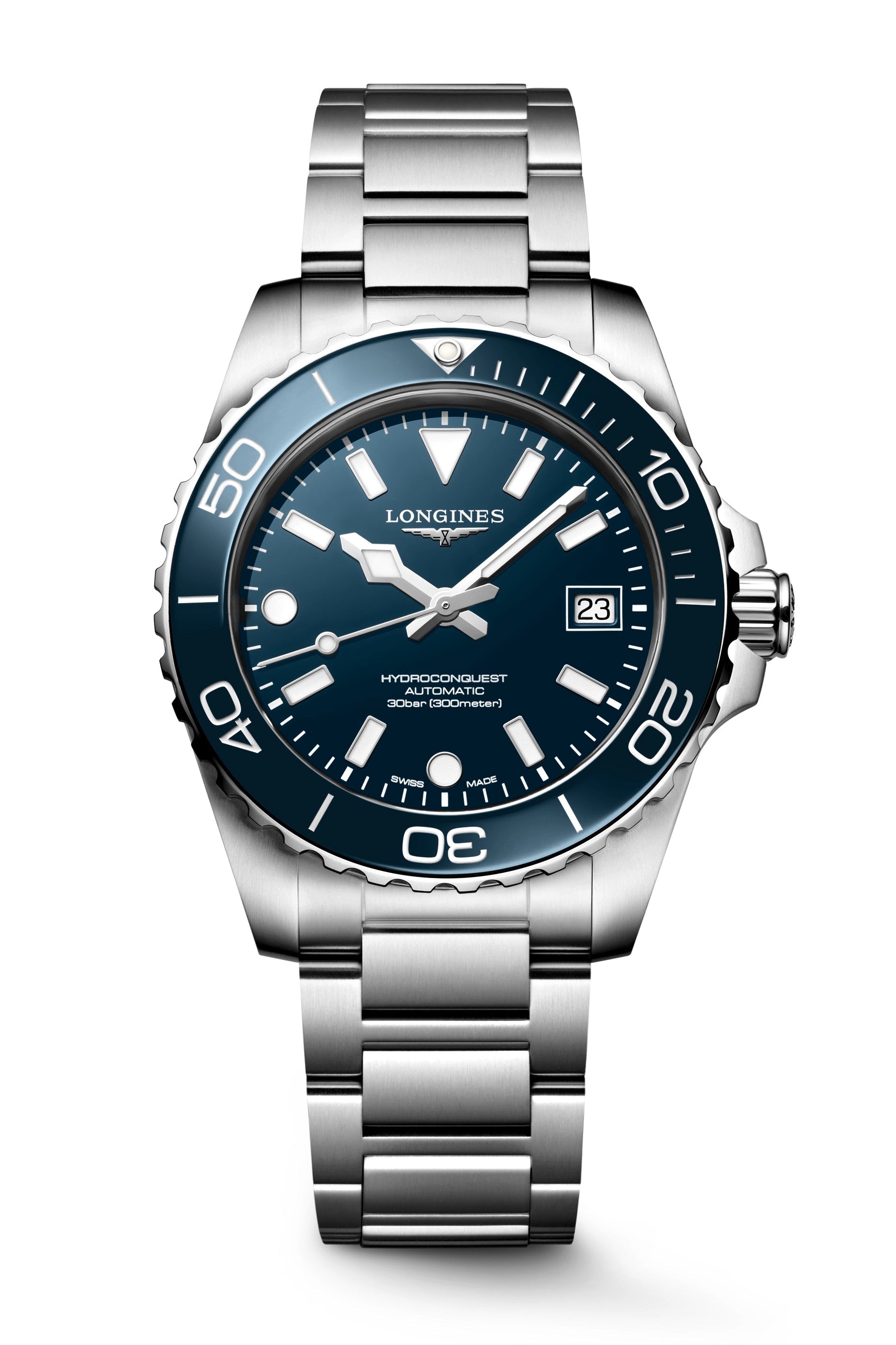 Silver watch with a blue dial on a white background