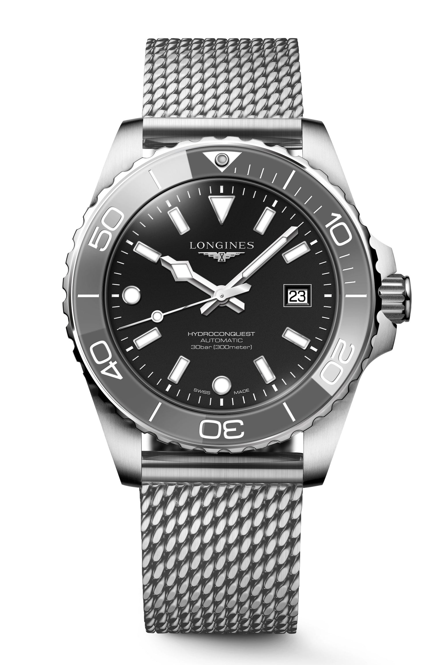 Longines HydroConquest watch with black dial and silver mesh band on a white background
