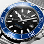 Longines watch with blue bezel and black dial on a white background