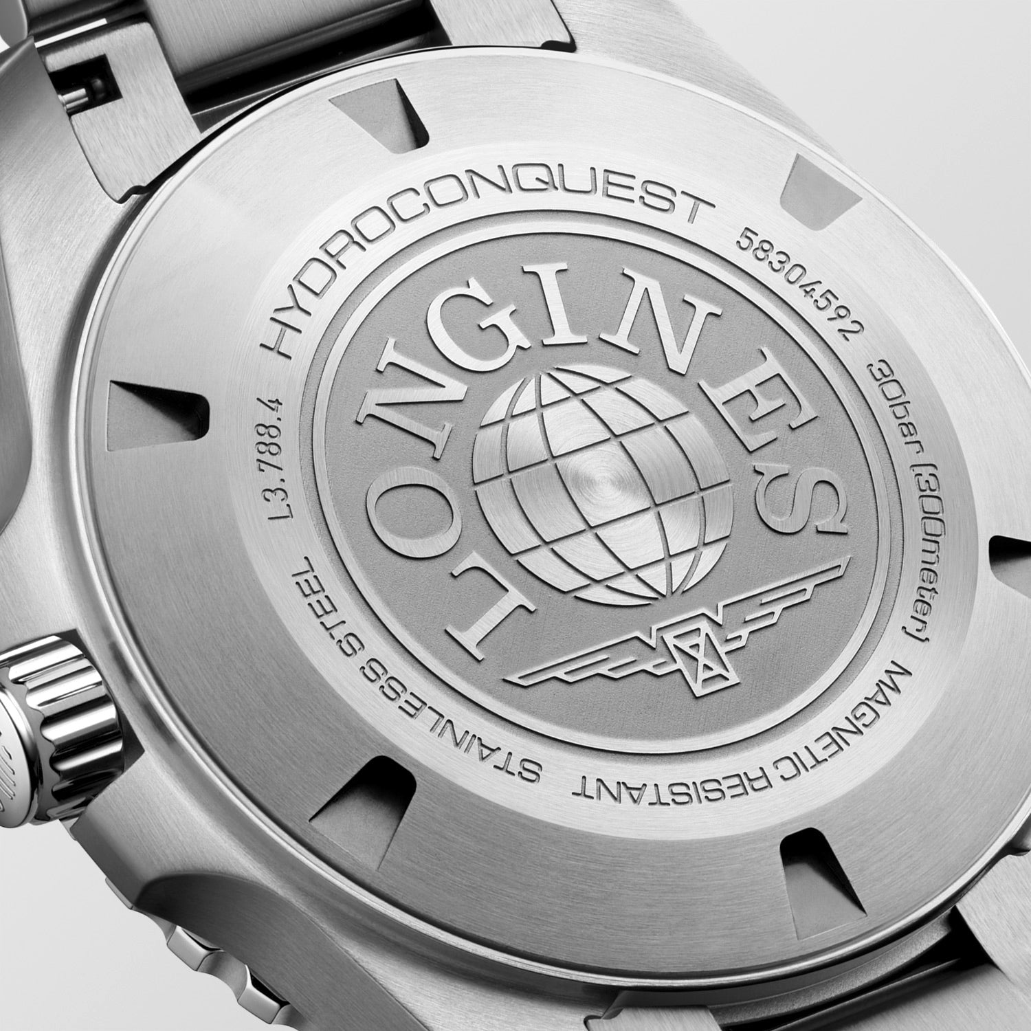 Close-up of a watch case with 'Longines' branding and 'HydroConquest' text.