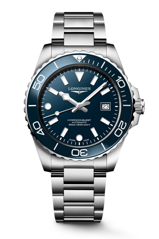 Silver watch with a blue dial on a white background