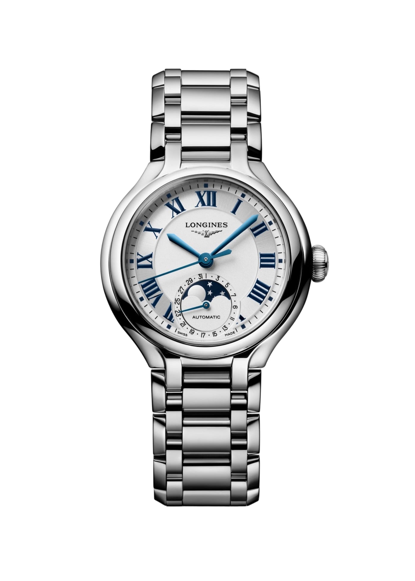 The Longines PrimaLuna Moonphase is a stainless steel ladies watch with a silver metal link band, white dial, blue Roman numerals and hands, and an automatic moonphase subdial at 6 o’clock. The face shows LONGINES and AUTOMATIC.