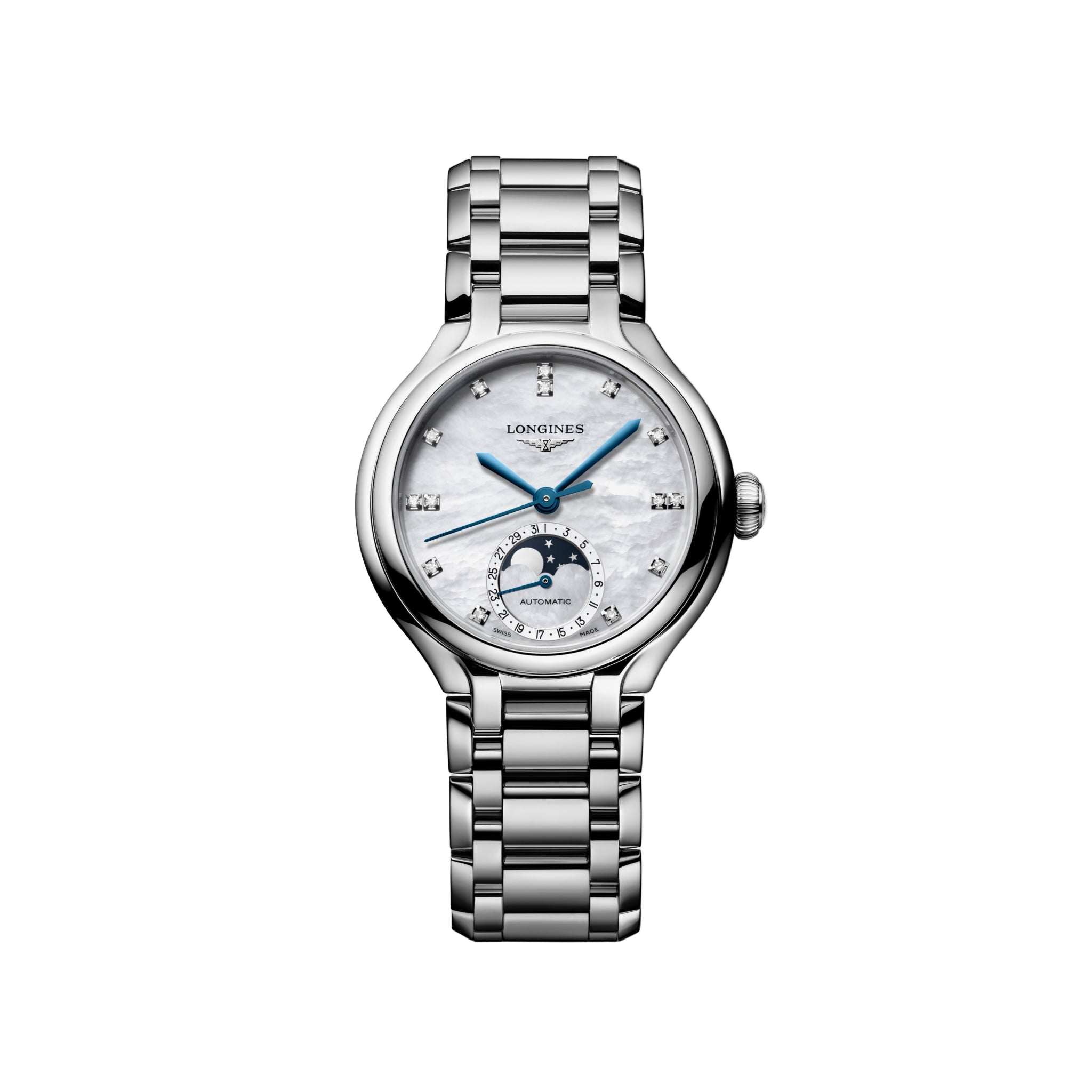 The Longines PrimaLuna Moonphase is an automatic watch with a round silver case, diamond mother-of-pearl dial, blue hands, and a moon phase subdial on a metal bracelet, showcased against a white background.