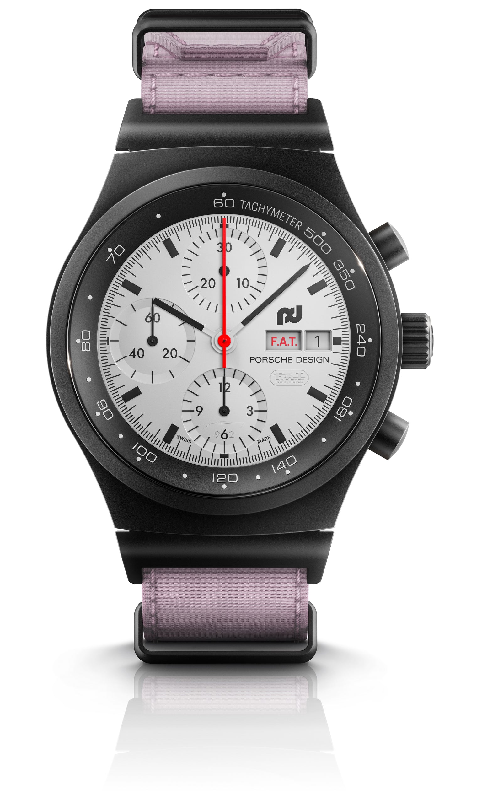 The Porsche Design Chronograph 1 F.A.T 2025 Edition features black and silver detailing, a light purple strap, and three subdials.
