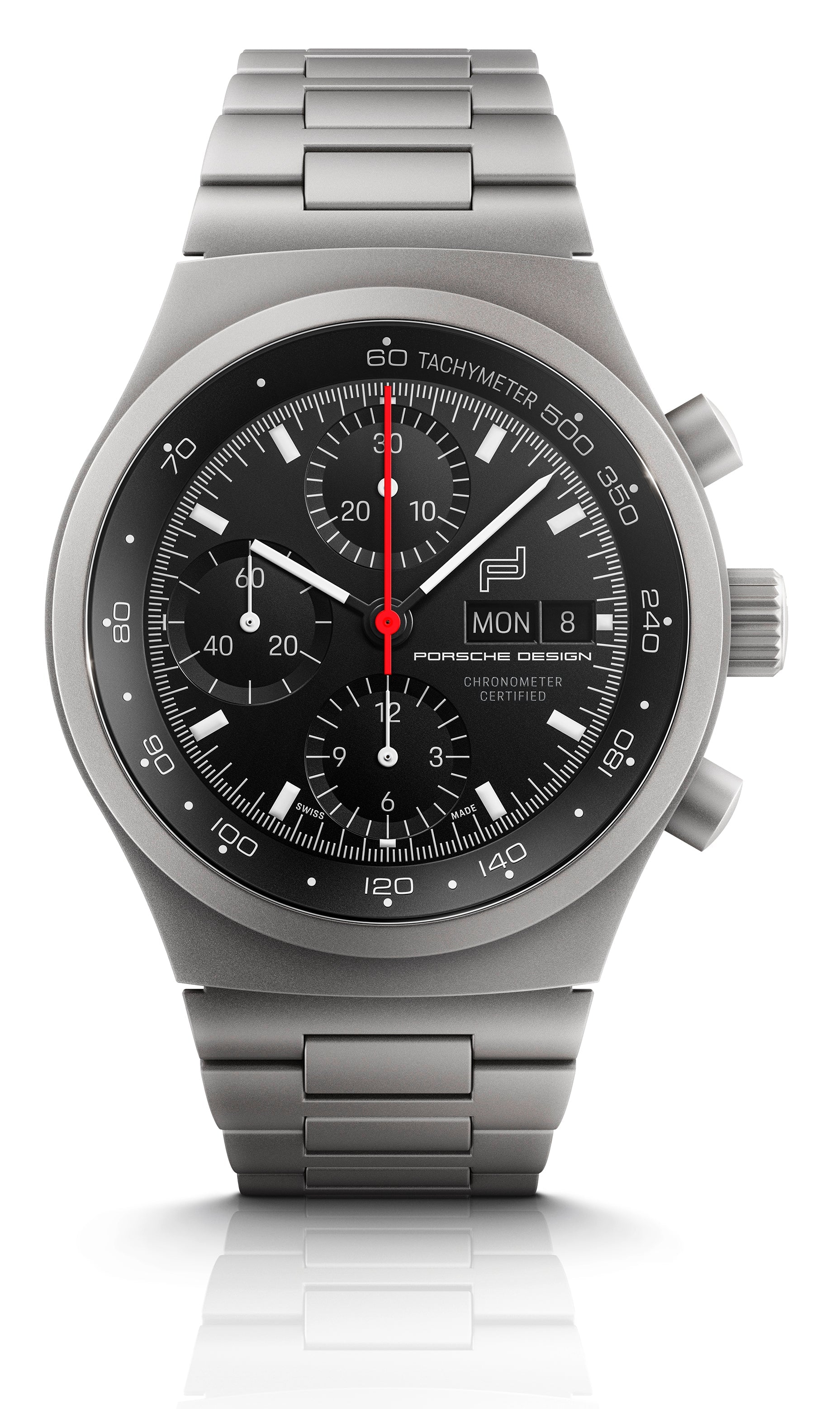 Silver watch with black dial on a white background