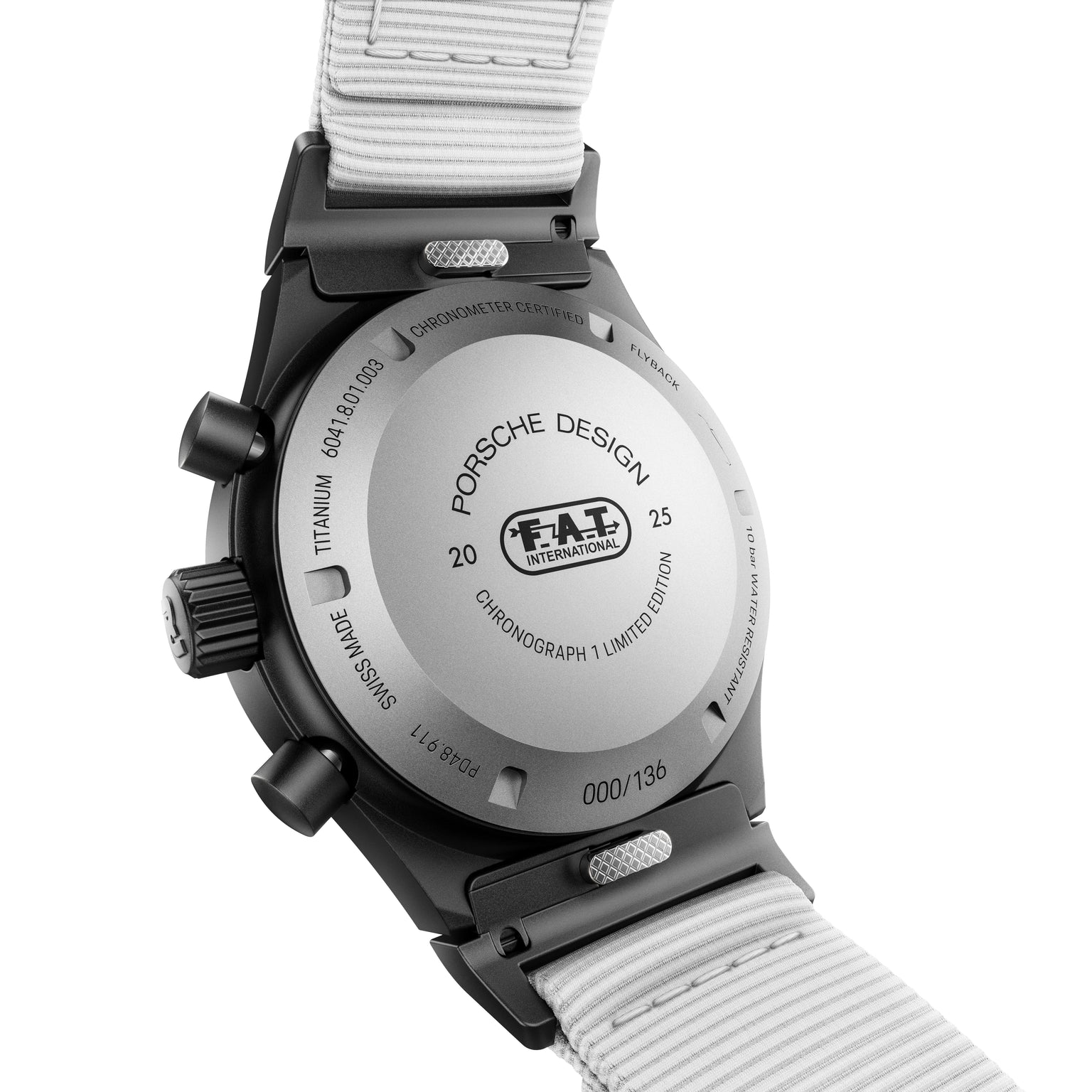 Back view of the Porsche Design Chronograph 1 F.A.T 2025 Edition featuring a titanium case, white strap, and limited edition details.