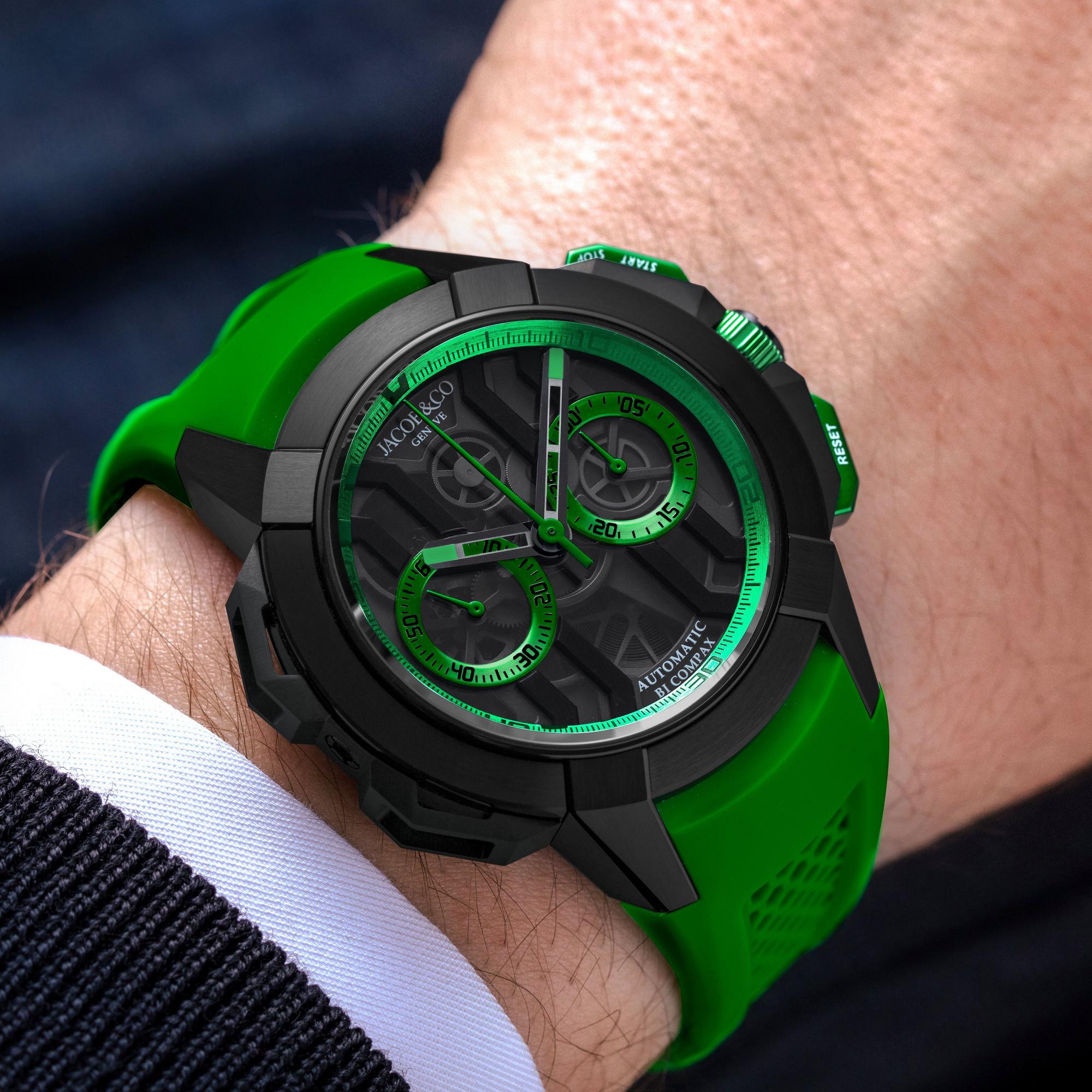 Jacob & Co Epic X Chrono | 44mm, Titanium Green Rubber Strap