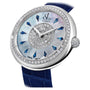Jacob & Co stainless steel watch with diamond-set bezel, mother-of-pearl dial, blue sapphire hour markers, and navy leather s