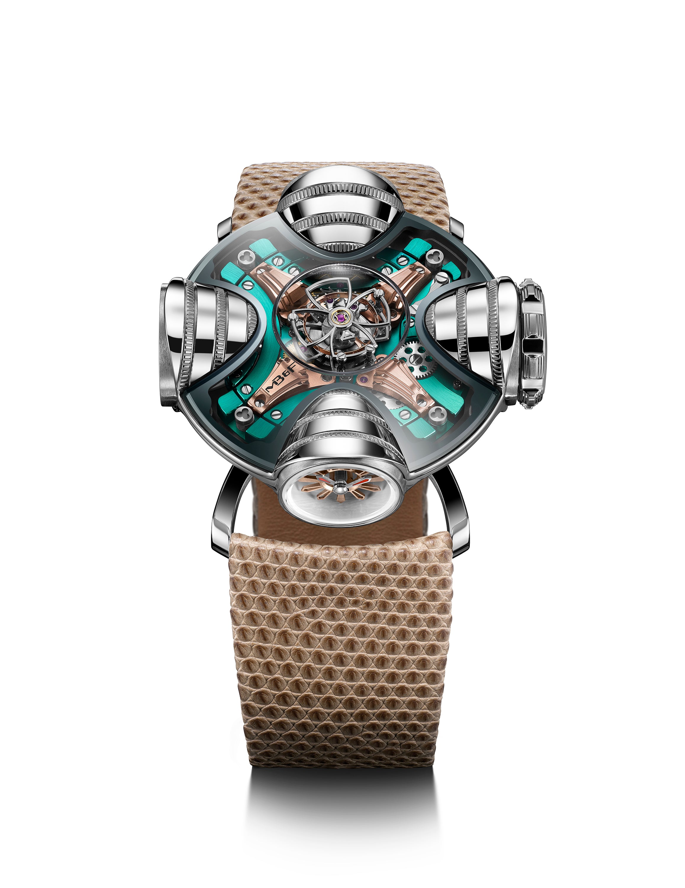 The MB&F HM11 Art Deco is a futuristic wristwatch with a complex mechanical design, tan textured strap, and green metallic face. Its skeletonised dial exposes intricate parts, while cylindrical displays protrude from the Art Deco-inspired case.