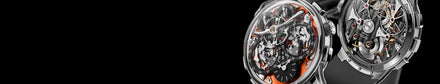 Two luxury skeleton watches with visible intricate inner mechanisms on a black background.