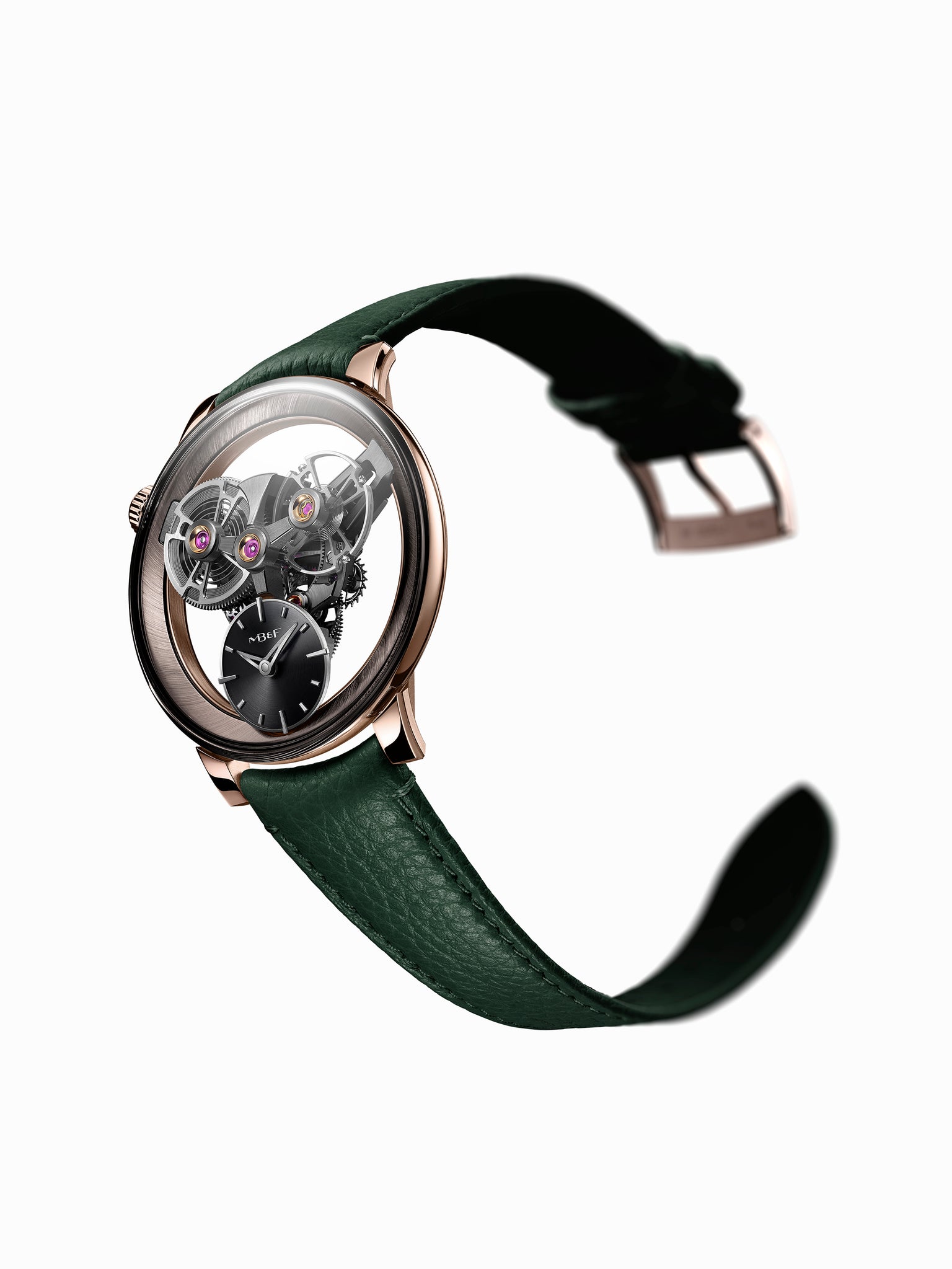 The MB&F SP One Rose Gold is a luxury wristwatch featuring a green leather strap and visible mechanical gears, showcased on a white background.