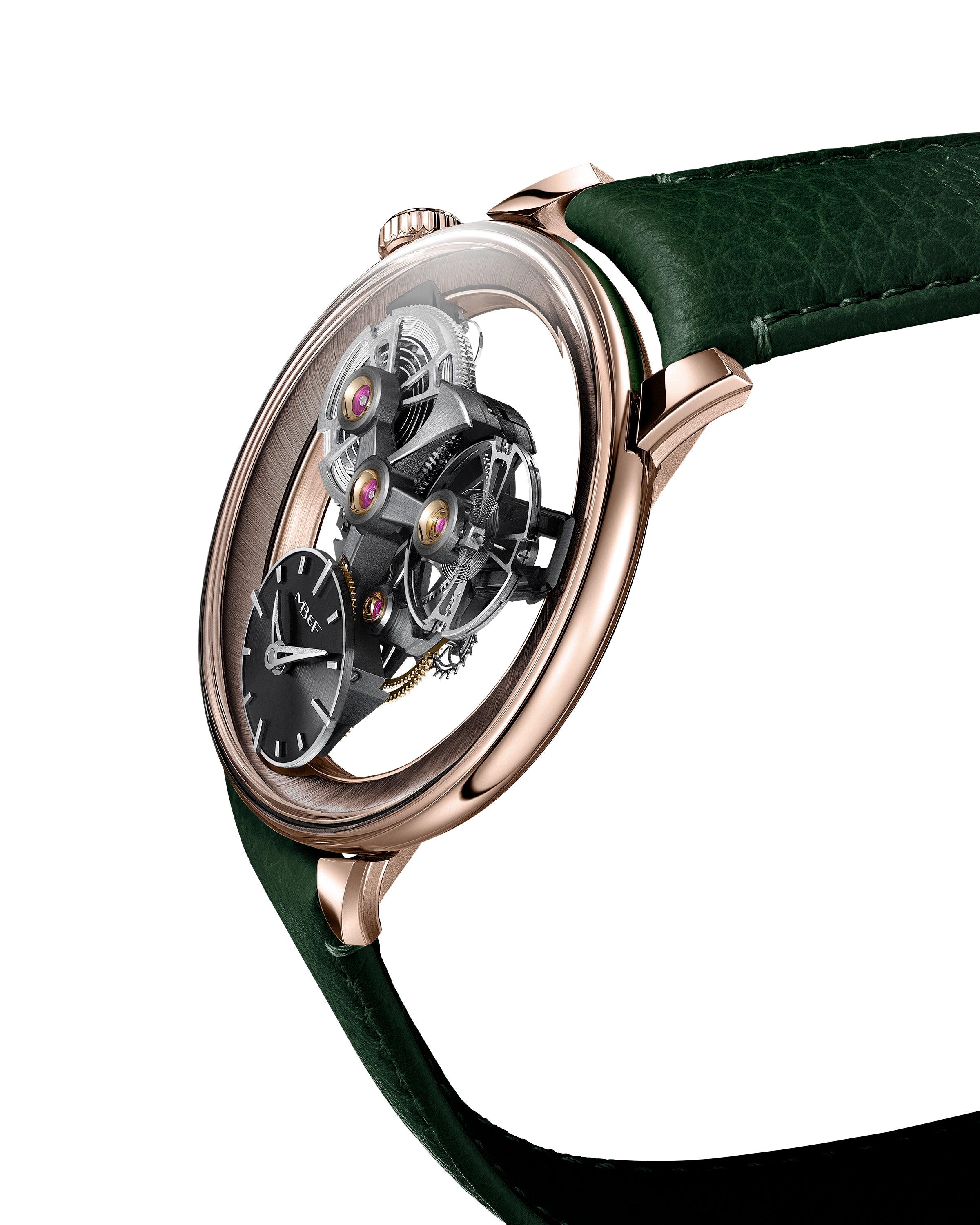 The MB&F SP One Rose Gold is a luxury watch featuring exposed gears, a green leather strap, and a rose gold case, shown on a white background.