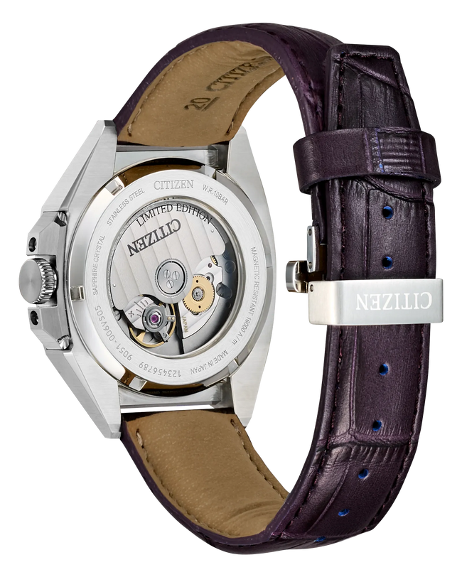 Citizen Series8 831 stainless steel watch with burgundy leather strap and exposed dial mechanism.