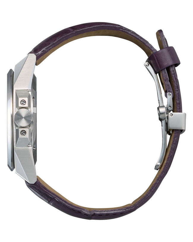 Stainless steel watch with rectangular case and burgundy leather strap with buckle closure.