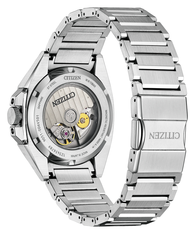 Citizen Series8 831 stainless steel watch with 40mm case, silver bracelet, and visible automatic movement through exhibition 
