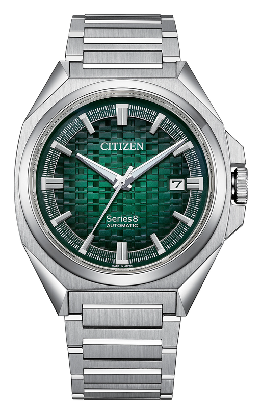 Citizen Series8 automatic watch with green dial, stainless steel case and bracelet, 40mm size.