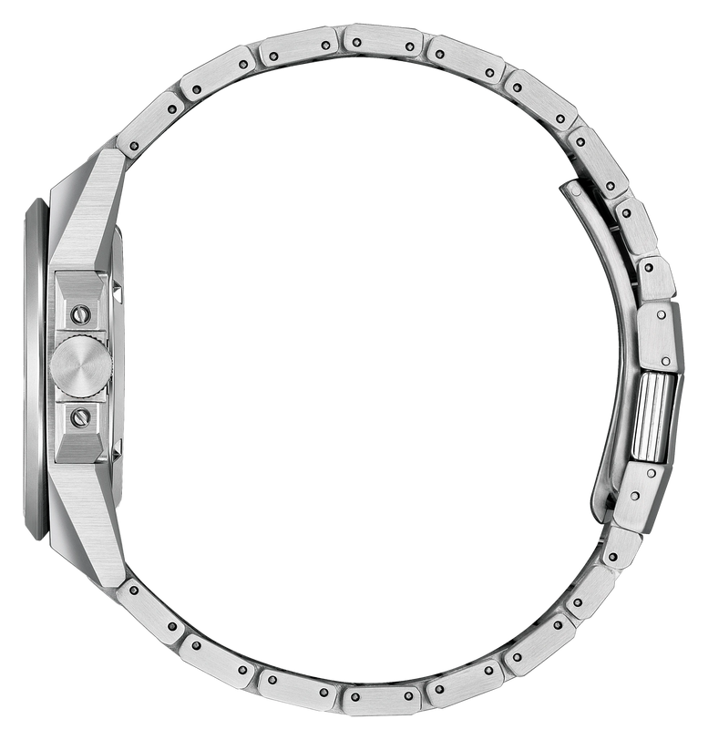 Stainless steel watch with rectangular face, textured dial, and linked bracelet with screw details.