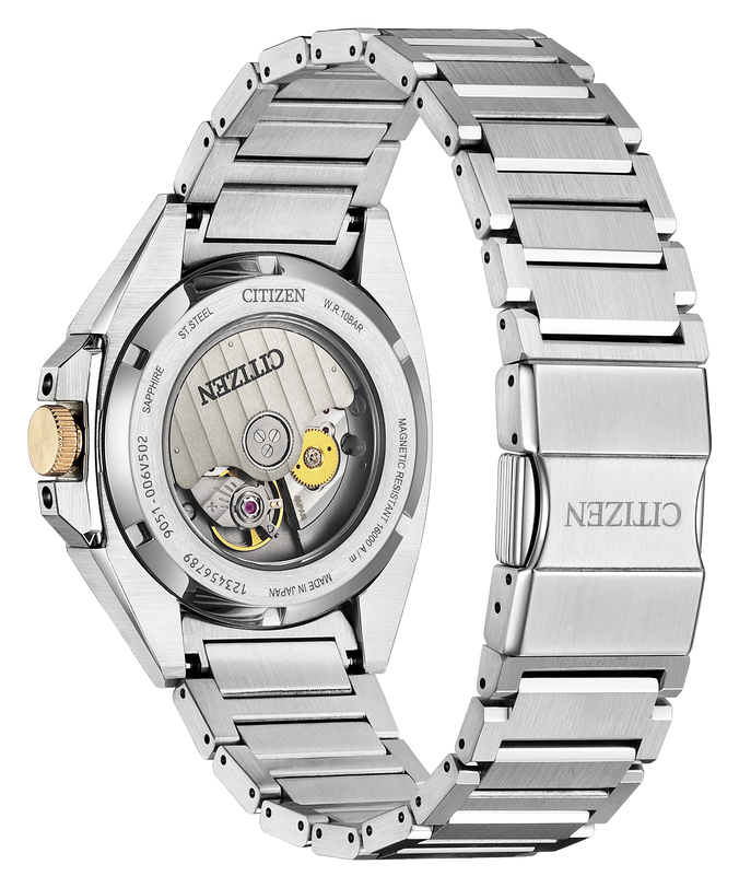 Citizen Series8 831 stainless steel watch with 40mm case, champagne dial, visible mechanical movement, and metal bracelet.