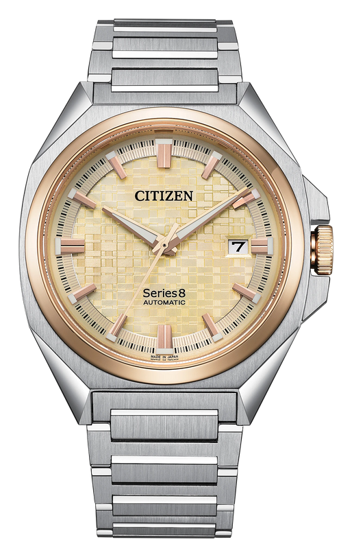 Citizen Series8 automatic watch with stainless steel bracelet, champagne dial, rose gold bezel, and date window.