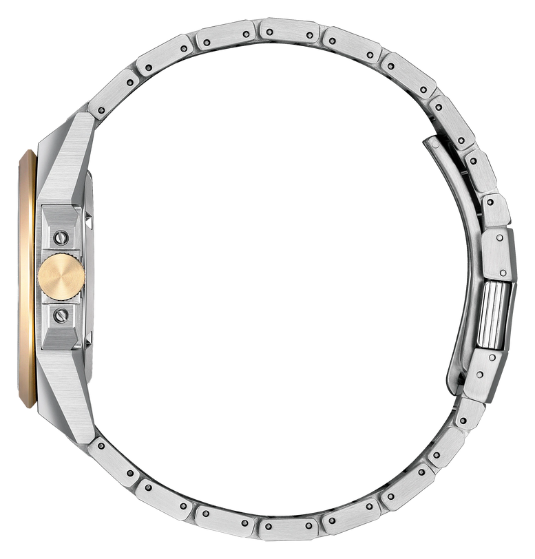 Stainless steel watch with champagne dial, 40mm case, and linked metal bracelet shown from side view.