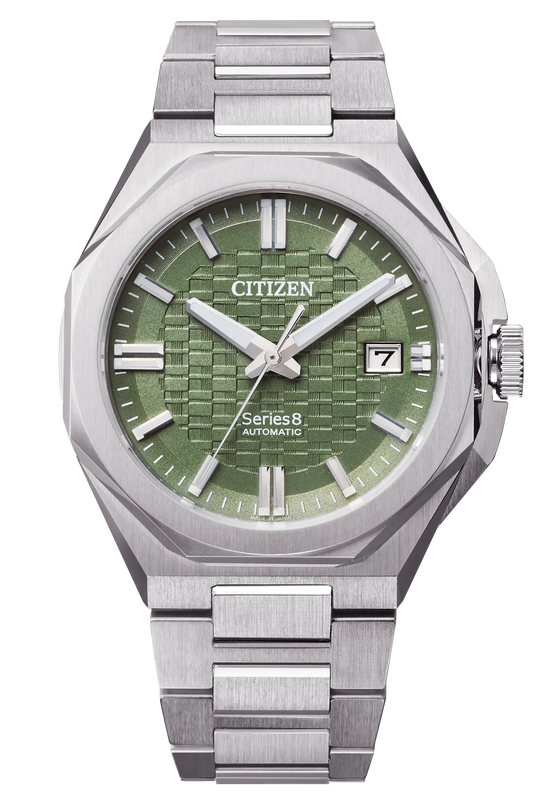 Citizen Series 8 automatic watch with green dial, white hour markers, date window, and stainless steel bracelet.